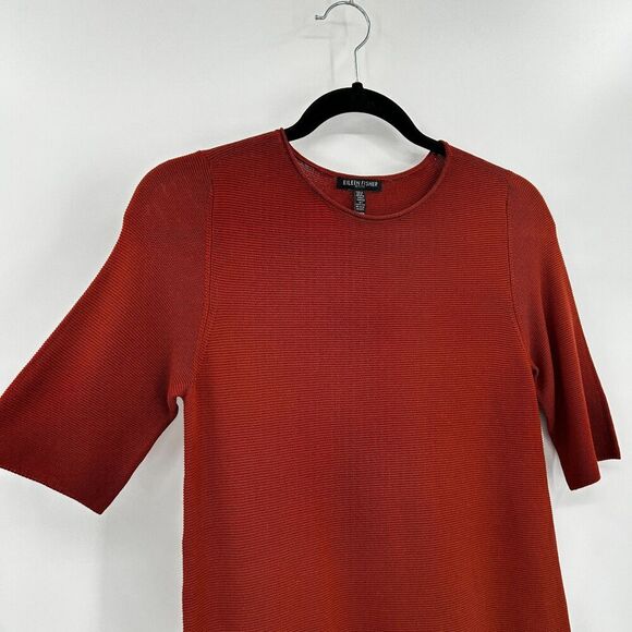 EILEEN FISHER Brick Red 100% Tencel Knit Drapey High Low Top Small Petite - Picture 6 of 10